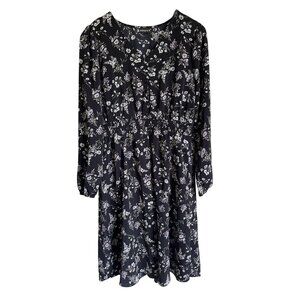 Allegra K Black Dark Floral Long Sleeve Dress Size Medium V-Neck A Line Smocked